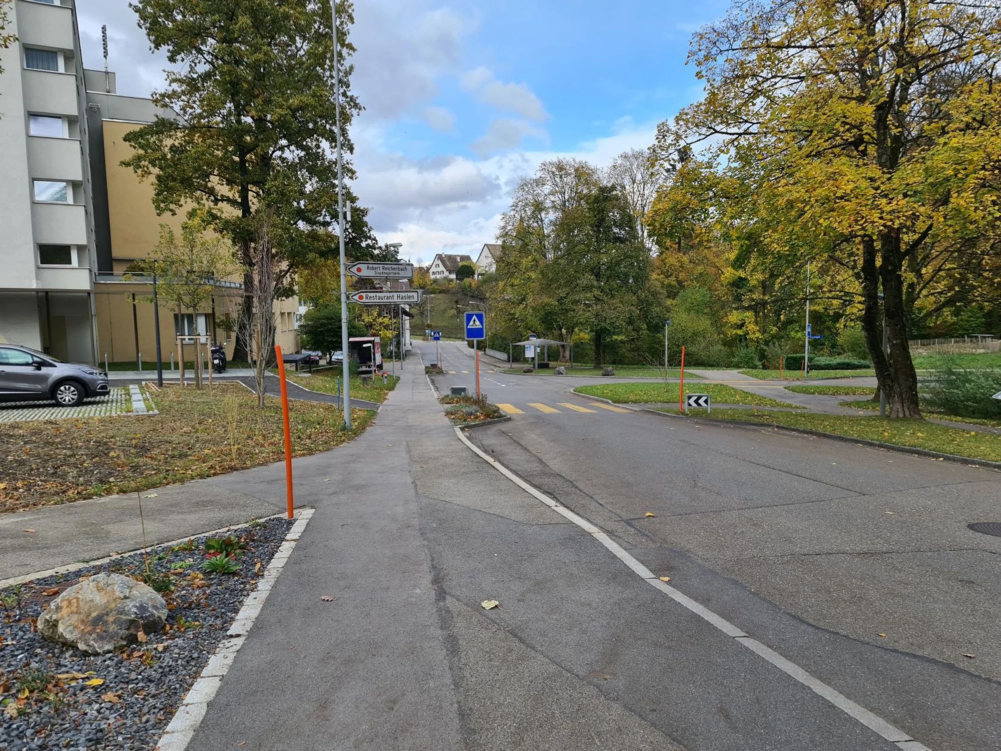 Sihlwaldstrasse in Langnau am Albis with a traffic island and footpath, lined with trees in autumn foliage.