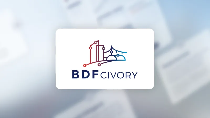 The logo of the new BDFcivory brand in front of blurred views of the further developed platform