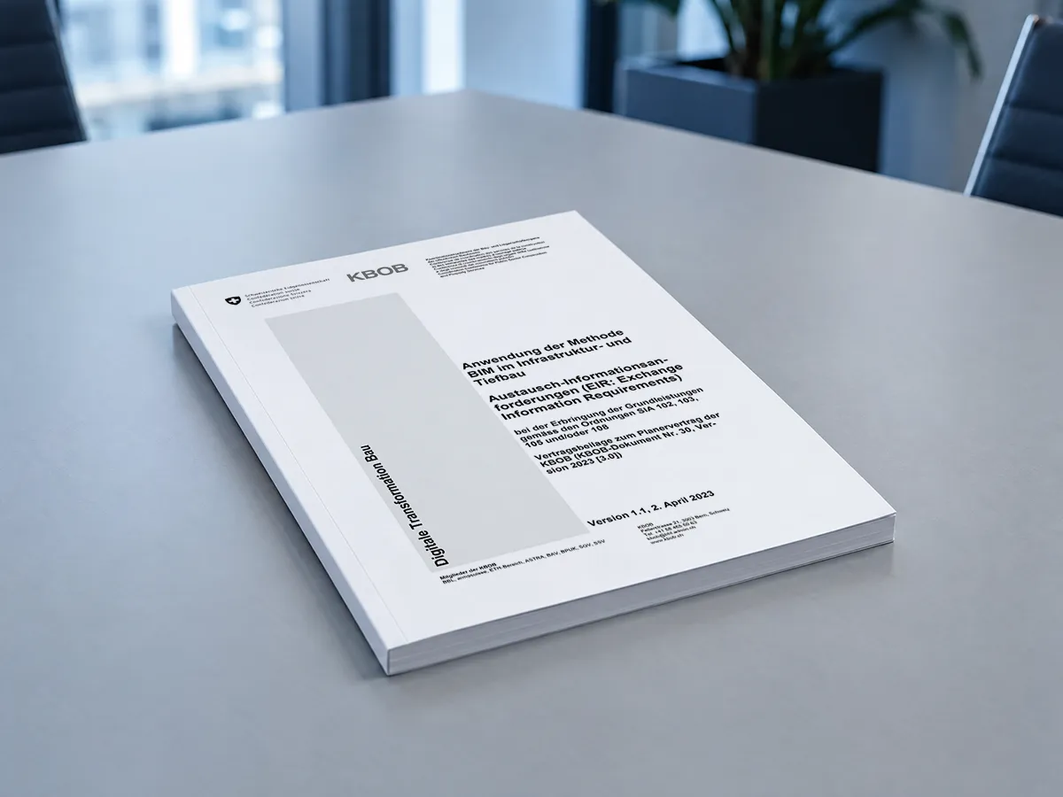 Printed KBOB document on exchange information requirements (EIR) for BIM in infrastructure and civil engineering on a meeting table