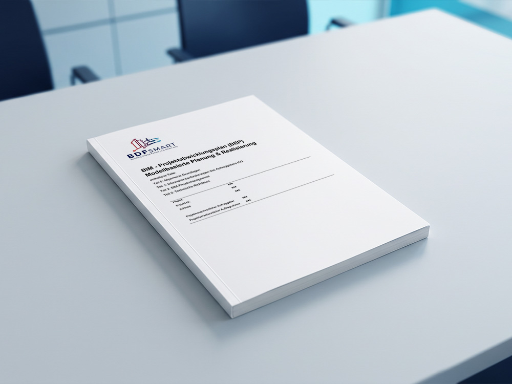 Printed BDFsmart BIM execution plan (BEP) for model-based planning and delivery on a meeting table