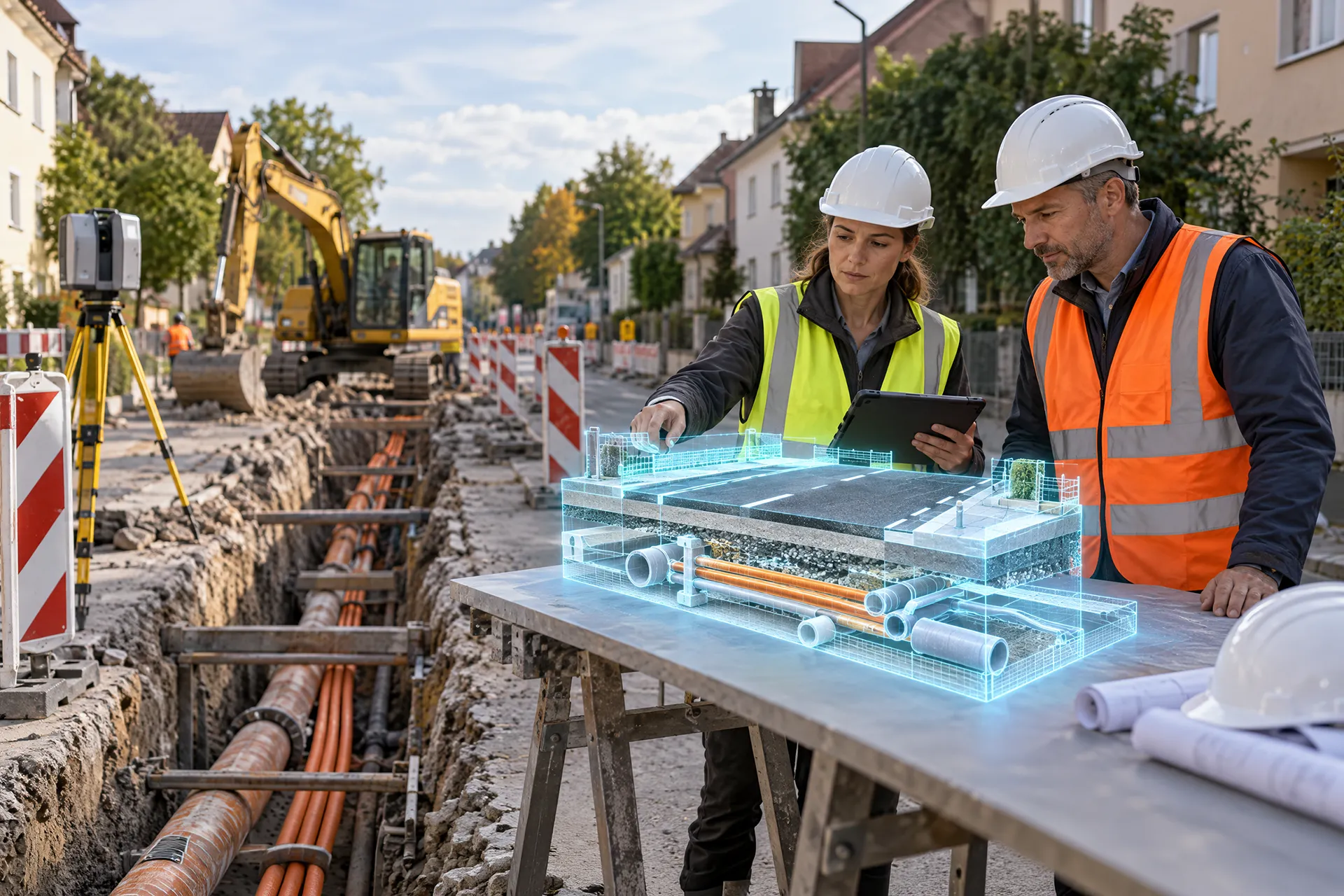 Two specialists in hard hats and high-visibility vests examine a 3D model of the road cross-section beside an open utility trench.
