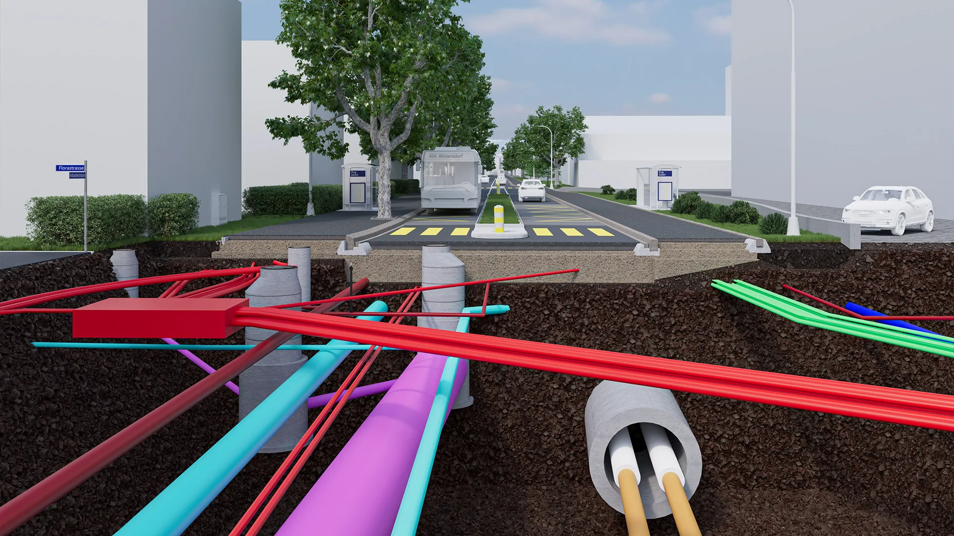 Cross-section visualisation of Industriestrasse: street with a bus and central island, utility lines and manholes beneath.