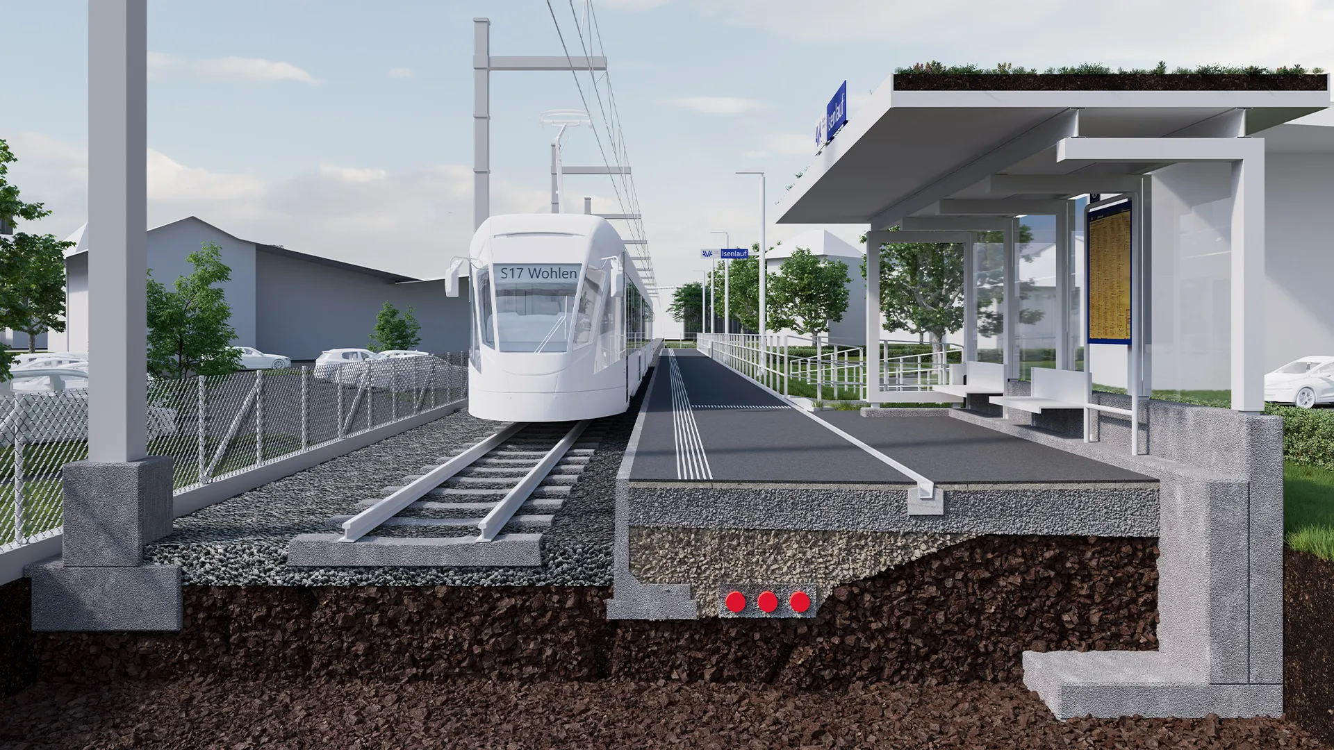Cross-section visualisation of the renewed Isenlauf stop: covered platform, an arriving S17 train and the structure beneath track and platform.