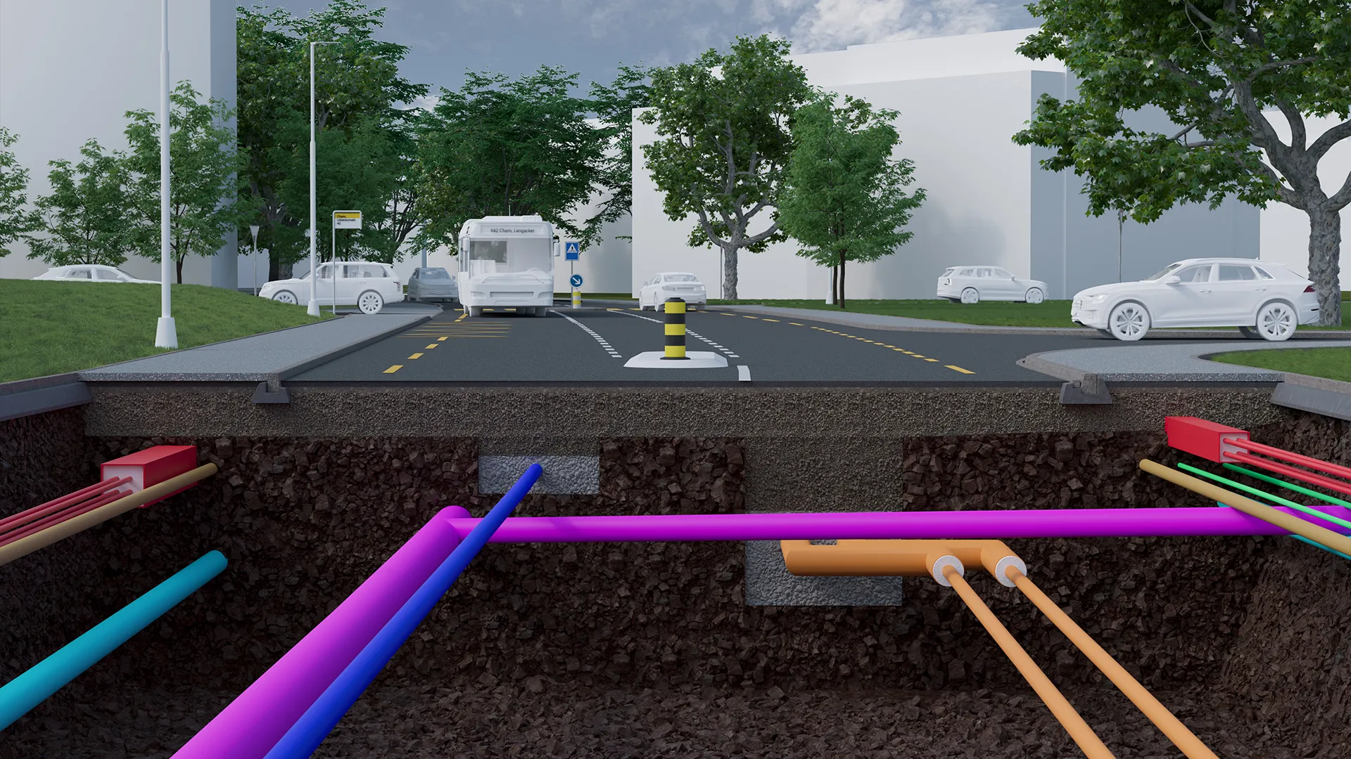 Cross-section visualisation of Knonauerstrasse: junction with a bus and cars, the utility lines beneath.