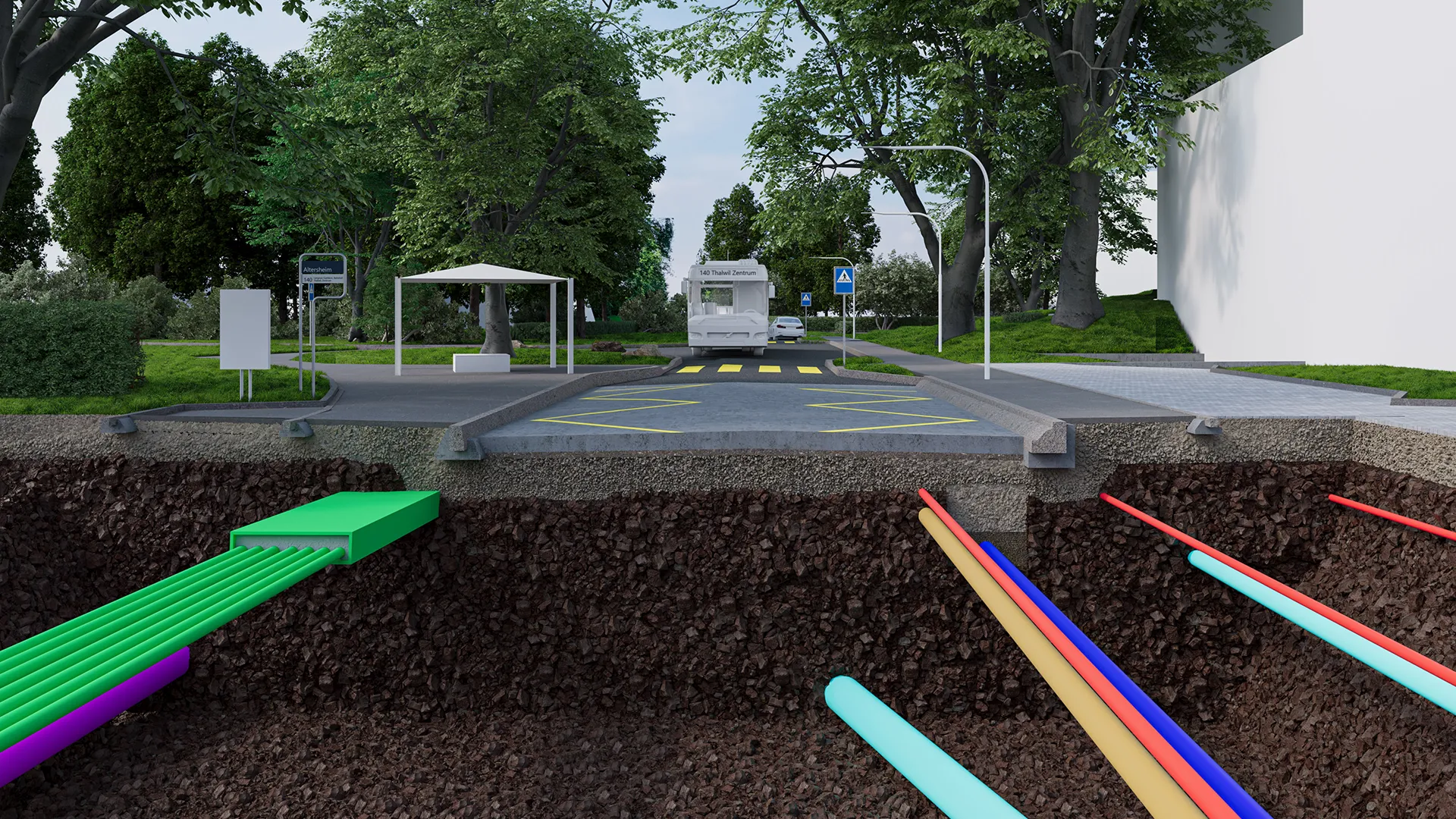 Cross-section visualisation of Sihlwaldstrasse: bus stop and pedestrian crossing, with the utility lines beneath the road.